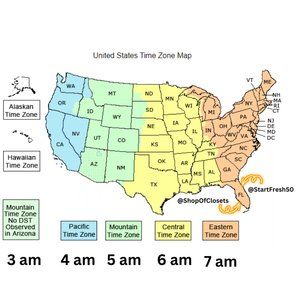 7AM EST - 10PM EST Time Zone Map @ShopOfClosets & @StartFresh50
